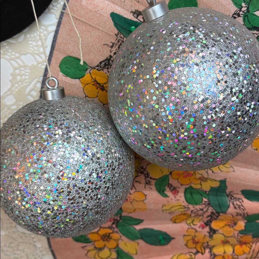 Large Silver Glitter Sequin Holiday Ornaments set of 2 ~ 8” balls